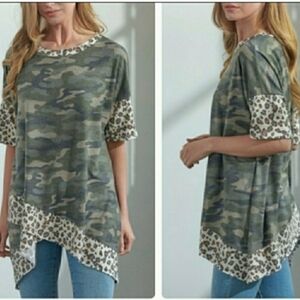 Hopely Relaxed Fit Asymmetrical Hem Camo Top W/ Animal Print Trim